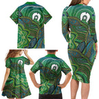 Torres Strait Islands Family Matching Long Sleeve Bodycon Dress and Hawaiian Shirt Indigenous Ocean Wave Dot Green Color