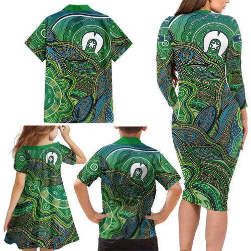 Torres Strait Islands Family Matching Long Sleeve Bodycon Dress and Hawaiian Shirt Indigenous Ocean Wave Dot Green Color