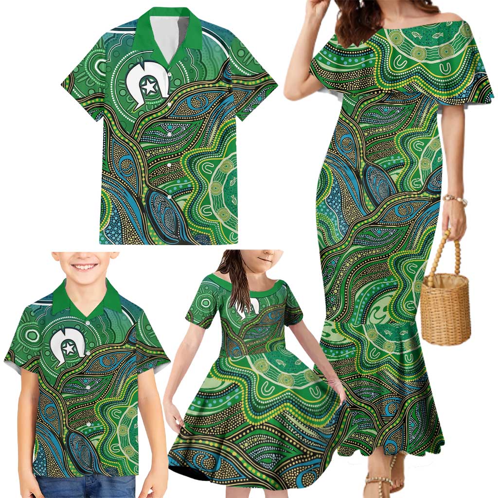 Torres Strait Islands Family Matching Mermaid Dress and Hawaiian Shirt Indigenous Ocean Wave Dot Green Color