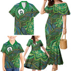 Torres Strait Islands Family Matching Mermaid Dress and Hawaiian Shirt Indigenous Ocean Wave Dot Green Color