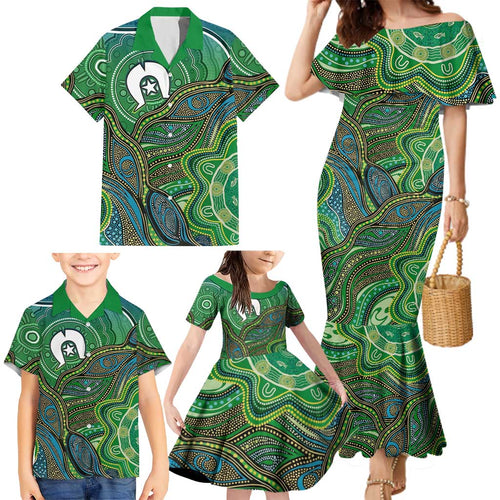 Torres Strait Islands Family Matching Mermaid Dress and Hawaiian Shirt Indigenous Ocean Wave Dot Green Color