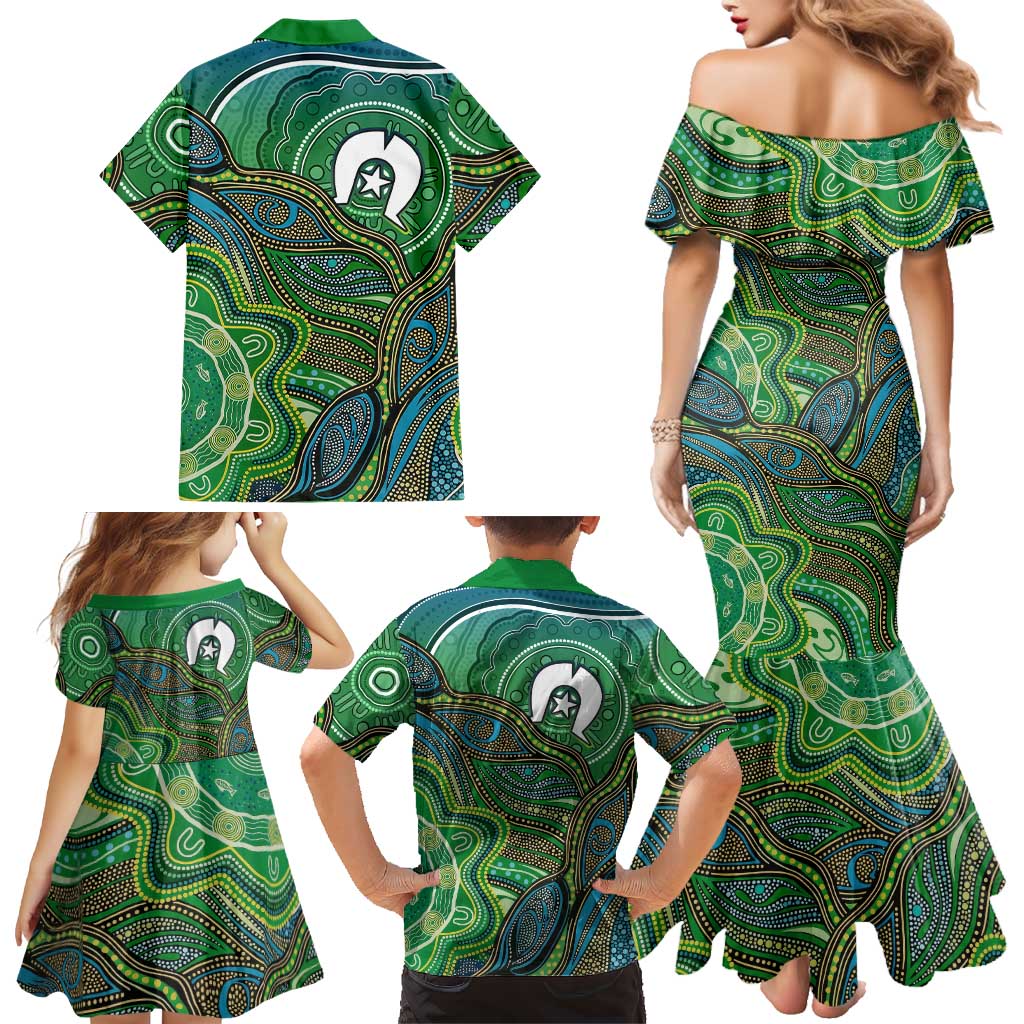 Torres Strait Islands Family Matching Mermaid Dress and Hawaiian Shirt Indigenous Ocean Wave Dot Green Color