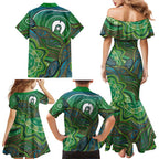 Torres Strait Islands Family Matching Mermaid Dress and Hawaiian Shirt Indigenous Ocean Wave Dot Green Color
