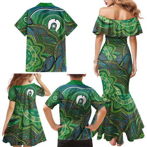 Torres Strait Islands Family Matching Mermaid Dress and Hawaiian Shirt Indigenous Ocean Wave Dot Green Color