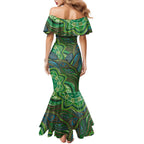 Torres Strait Islands Family Matching Mermaid Dress and Hawaiian Shirt Indigenous Ocean Wave Dot Green Color
