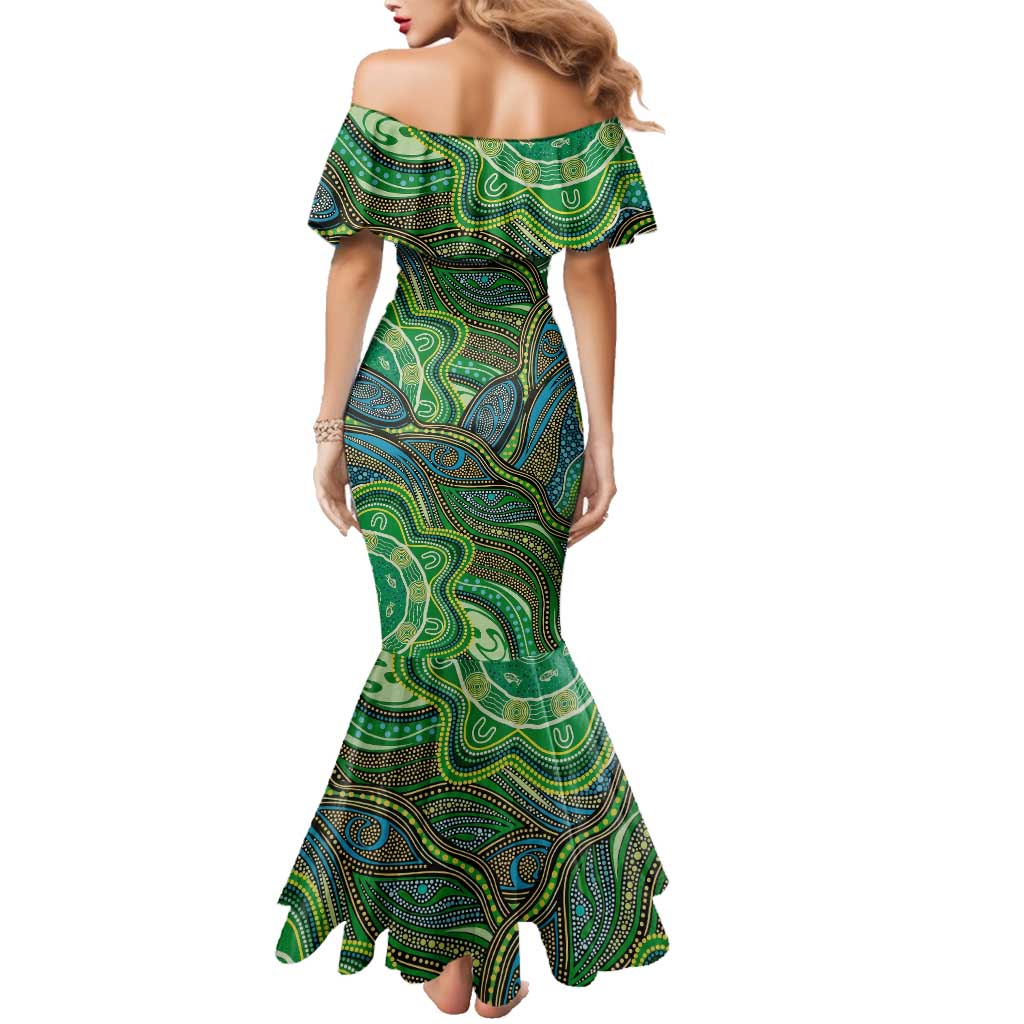 Torres Strait Islands Family Matching Mermaid Dress and Hawaiian Shirt Indigenous Ocean Wave Dot Green Color