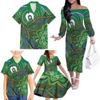Torres Strait Islands Family Matching Off The Shoulder Long Sleeve Dress and Hawaiian Shirt Indigenous Ocean Wave Dot Green Color