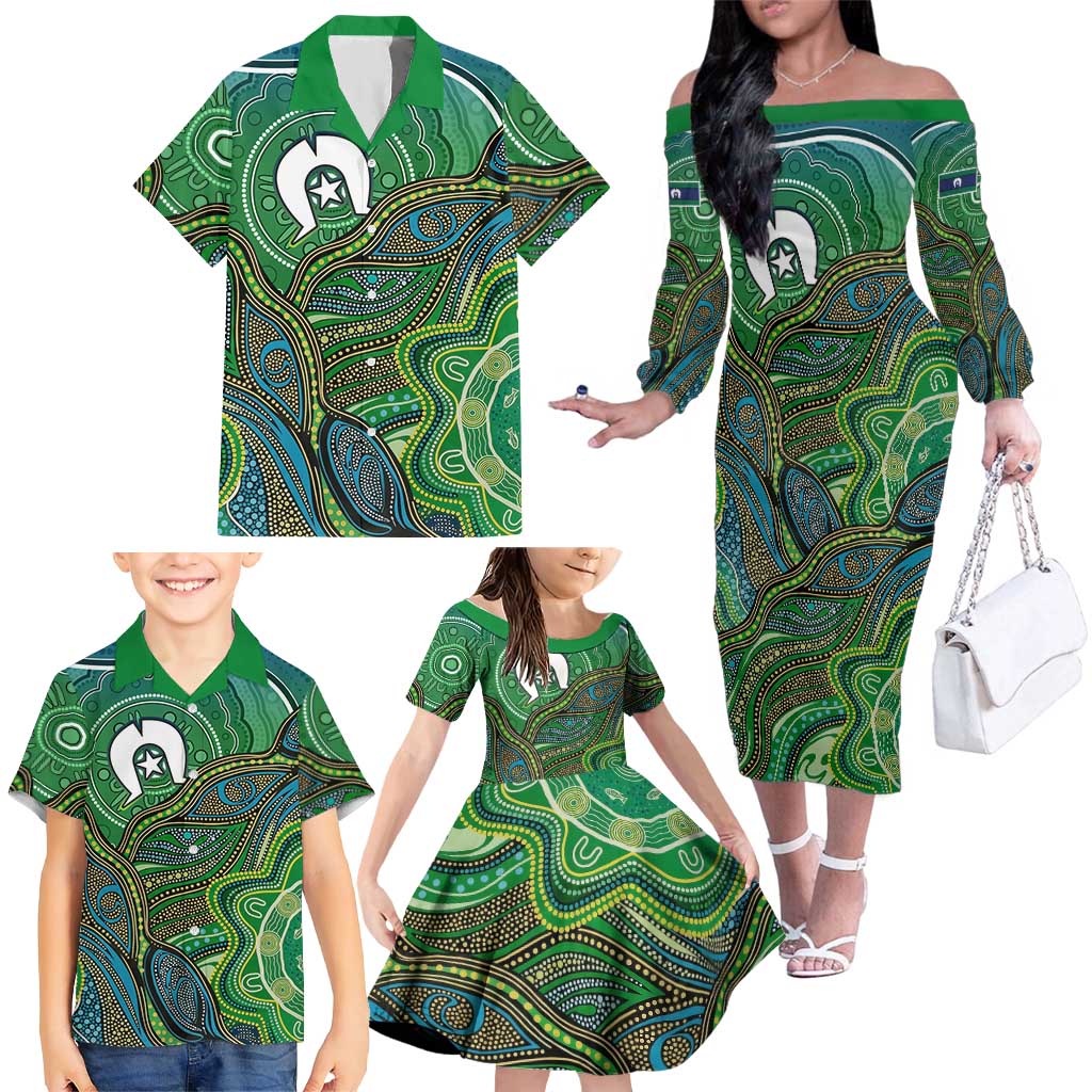 Torres Strait Islands Family Matching Off The Shoulder Long Sleeve Dress and Hawaiian Shirt Indigenous Ocean Wave Dot Green Color