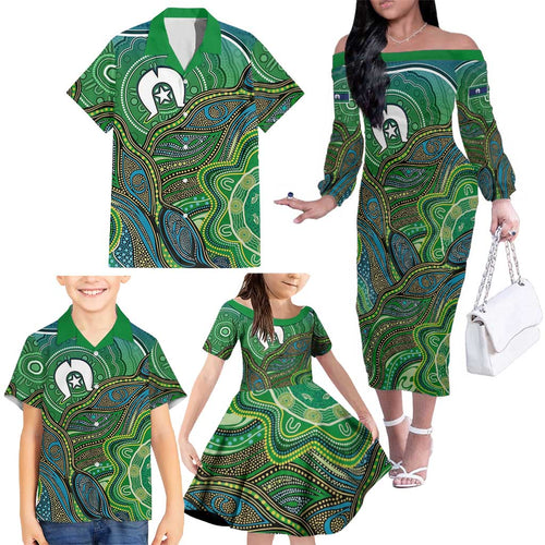 Torres Strait Islands Family Matching Off The Shoulder Long Sleeve Dress and Hawaiian Shirt Indigenous Ocean Wave Dot Green Color