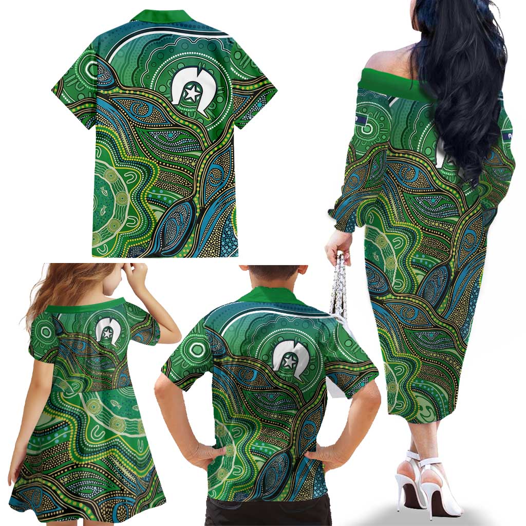 Torres Strait Islands Family Matching Off The Shoulder Long Sleeve Dress and Hawaiian Shirt Indigenous Ocean Wave Dot Green Color