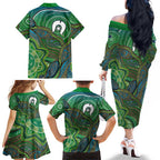 Torres Strait Islands Family Matching Off The Shoulder Long Sleeve Dress and Hawaiian Shirt Indigenous Ocean Wave Dot Green Color