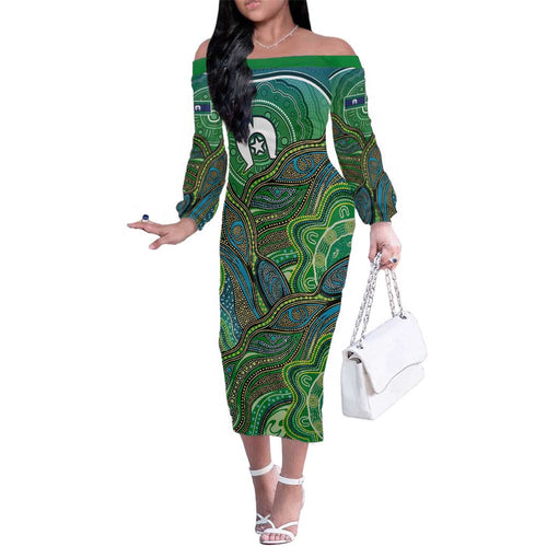 Torres Strait Islands Family Matching Off The Shoulder Long Sleeve Dress and Hawaiian Shirt Indigenous Ocean Wave Dot Green Color