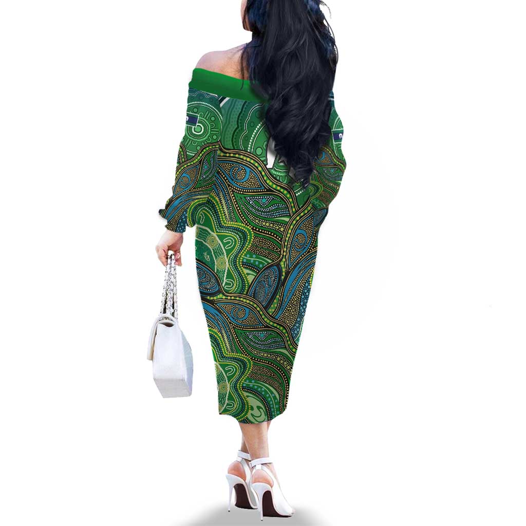 Torres Strait Islands Family Matching Off The Shoulder Long Sleeve Dress and Hawaiian Shirt Indigenous Ocean Wave Dot Green Color