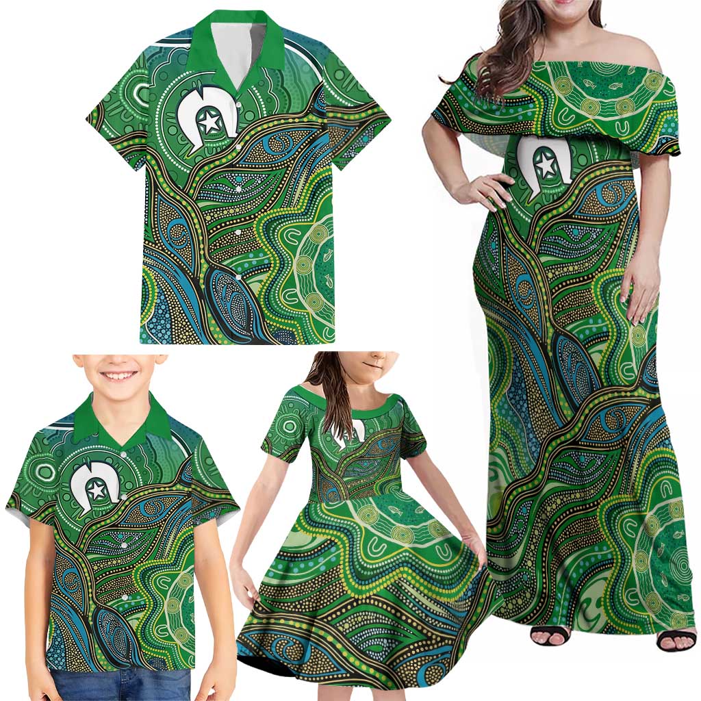 Torres Strait Islands Family Matching Off Shoulder Maxi Dress and Hawaiian Shirt Indigenous Ocean Wave Dot Green Color