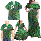 Torres Strait Islands Family Matching Off Shoulder Maxi Dress and Hawaiian Shirt Indigenous Ocean Wave Dot Green Color