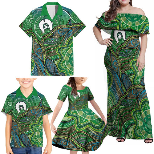 Torres Strait Islands Family Matching Off Shoulder Maxi Dress and Hawaiian Shirt Indigenous Ocean Wave Dot Green Color