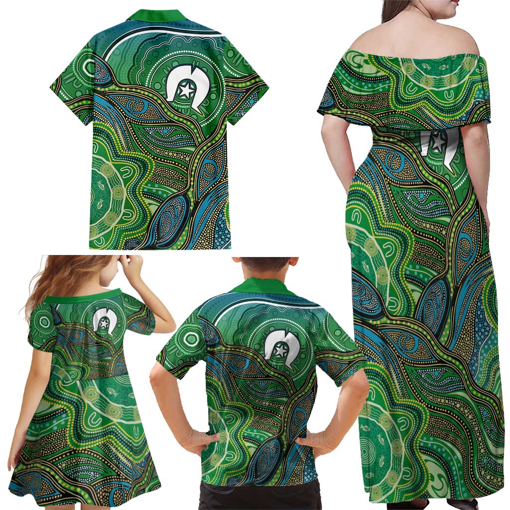 Torres Strait Islands Family Matching Off Shoulder Maxi Dress and Hawaiian Shirt Indigenous Ocean Wave Dot Green Color