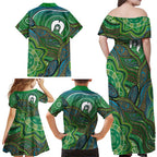 Torres Strait Islands Family Matching Off Shoulder Maxi Dress and Hawaiian Shirt Indigenous Ocean Wave Dot Green Color