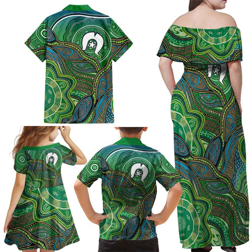 Torres Strait Islands Family Matching Off Shoulder Maxi Dress and Hawaiian Shirt Indigenous Ocean Wave Dot Green Color
