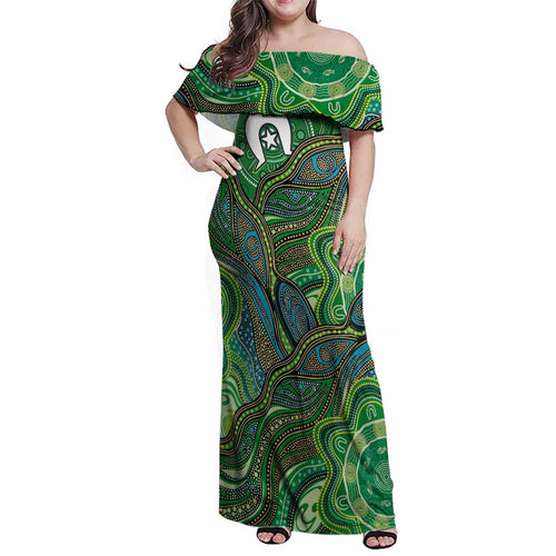 Torres Strait Islands Family Matching Off Shoulder Maxi Dress and Hawaiian Shirt Indigenous Ocean Wave Dot Green Color