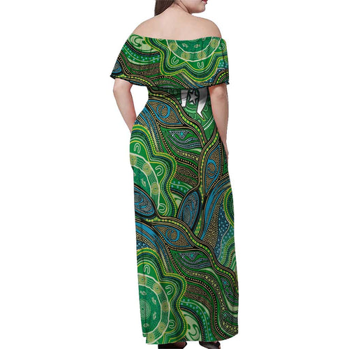 Torres Strait Islands Family Matching Off Shoulder Maxi Dress and Hawaiian Shirt Indigenous Ocean Wave Dot Green Color
