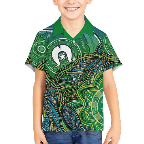 Torres Strait Islands Family Matching Off Shoulder Maxi Dress and Hawaiian Shirt Indigenous Ocean Wave Dot Green Color