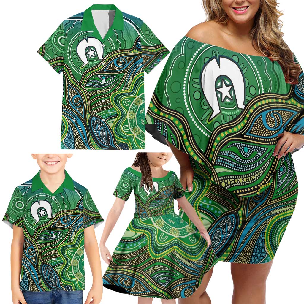 Torres Strait Islands Family Matching Off Shoulder Short Dress and Hawaiian Shirt Indigenous Ocean Wave Dot Green Color