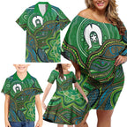Torres Strait Islands Family Matching Off Shoulder Short Dress and Hawaiian Shirt Indigenous Ocean Wave Dot Green Color