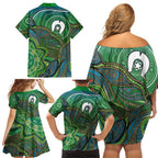 Torres Strait Islands Family Matching Off Shoulder Short Dress and Hawaiian Shirt Indigenous Ocean Wave Dot Green Color