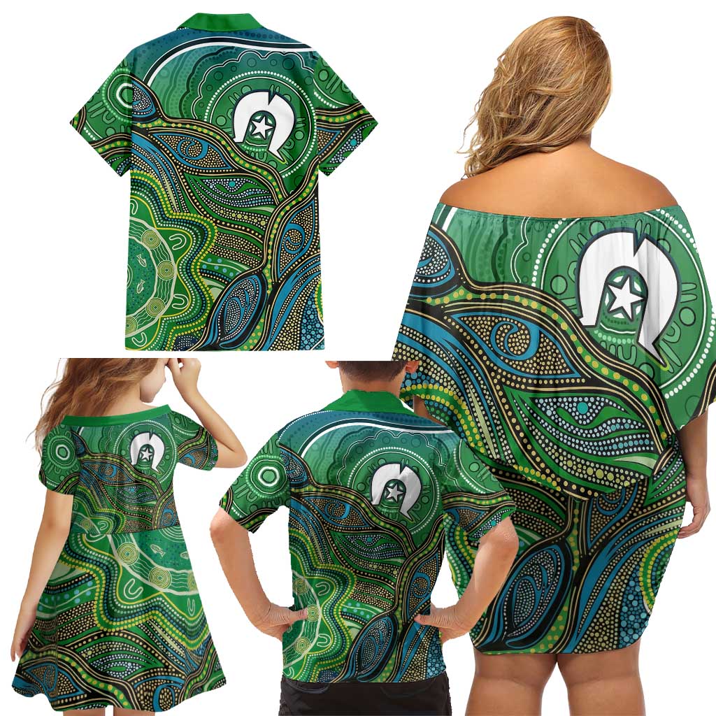 Torres Strait Islands Family Matching Off Shoulder Short Dress and Hawaiian Shirt Indigenous Ocean Wave Dot Green Color