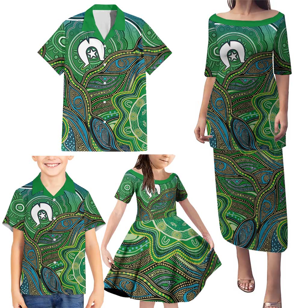 Torres Strait Islands Family Matching Puletasi and Hawaiian Shirt Indigenous Ocean Wave Dot Green Color