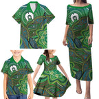 Torres Strait Islands Family Matching Puletasi and Hawaiian Shirt Indigenous Ocean Wave Dot Green Color
