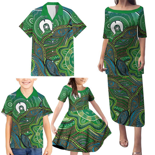 Torres Strait Islands Family Matching Puletasi and Hawaiian Shirt Indigenous Ocean Wave Dot Green Color