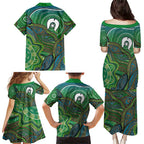 Torres Strait Islands Family Matching Puletasi and Hawaiian Shirt Indigenous Ocean Wave Dot Green Color