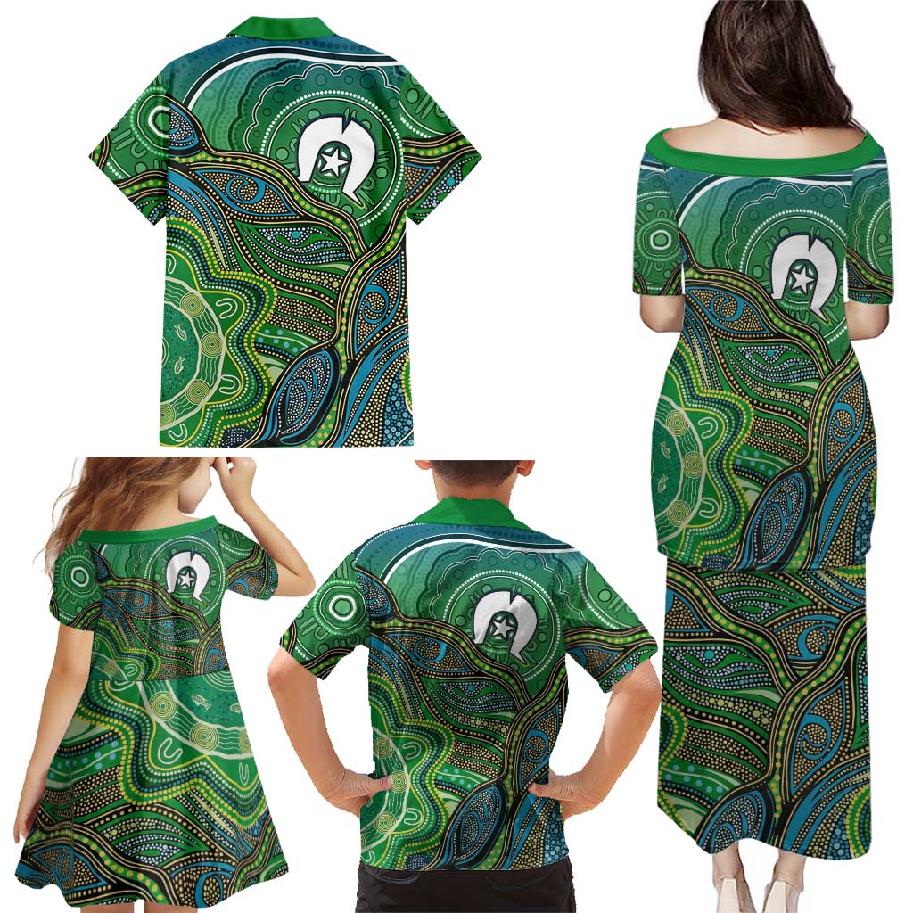 Torres Strait Islands Family Matching Puletasi and Hawaiian Shirt Indigenous Ocean Wave Dot Green Color