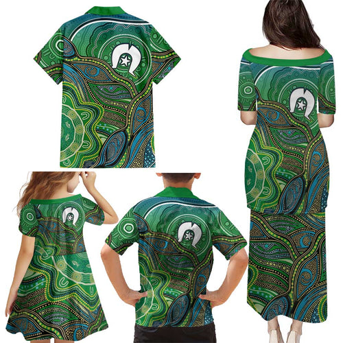 Torres Strait Islands Family Matching Puletasi and Hawaiian Shirt Indigenous Ocean Wave Dot Green Color