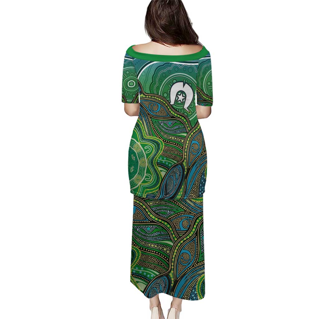 Torres Strait Islands Family Matching Puletasi and Hawaiian Shirt Indigenous Ocean Wave Dot Green Color