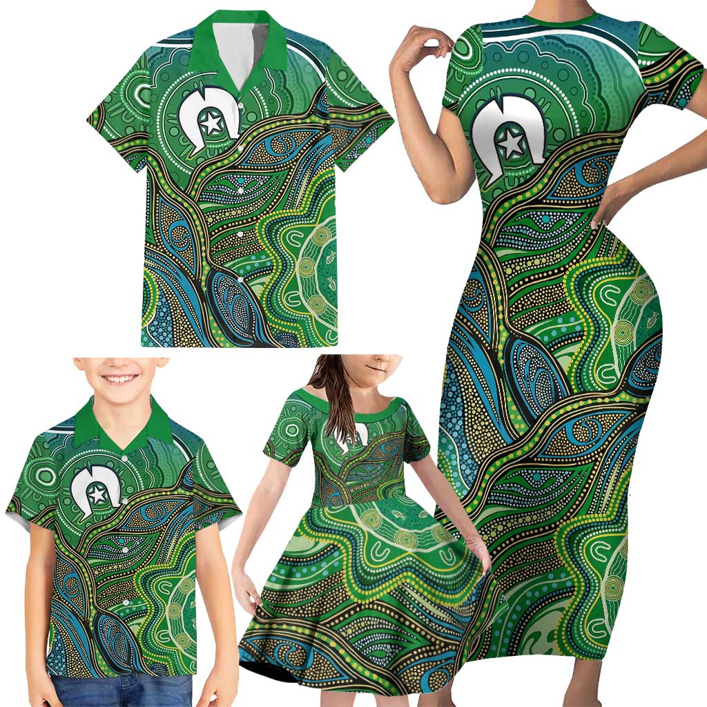 Torres Strait Islands Family Matching Short Sleeve Bodycon Dress and Hawaiian Shirt Indigenous Ocean Wave Dot Green Color