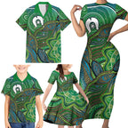 Torres Strait Islands Family Matching Short Sleeve Bodycon Dress and Hawaiian Shirt Indigenous Ocean Wave Dot Green Color