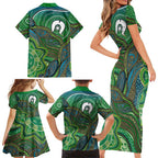 Torres Strait Islands Family Matching Short Sleeve Bodycon Dress and Hawaiian Shirt Indigenous Ocean Wave Dot Green Color