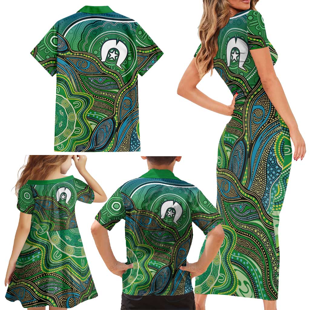 Torres Strait Islands Family Matching Short Sleeve Bodycon Dress and Hawaiian Shirt Indigenous Ocean Wave Dot Green Color