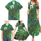 Torres Strait Islands Family Matching Summer Maxi Dress and Hawaiian Shirt Indigenous Ocean Wave Dot Green Color