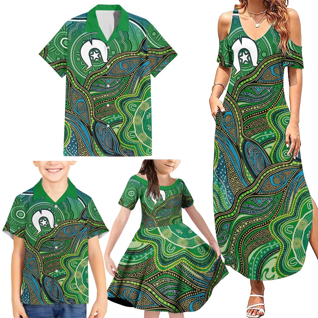 Torres Strait Islands Family Matching Summer Maxi Dress and Hawaiian Shirt Indigenous Ocean Wave Dot Green Color