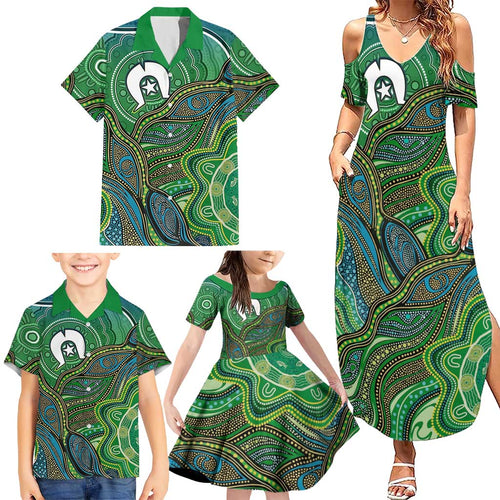Torres Strait Islands Family Matching Summer Maxi Dress and Hawaiian Shirt Indigenous Ocean Wave Dot Green Color
