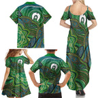 Torres Strait Islands Family Matching Summer Maxi Dress and Hawaiian Shirt Indigenous Ocean Wave Dot Green Color