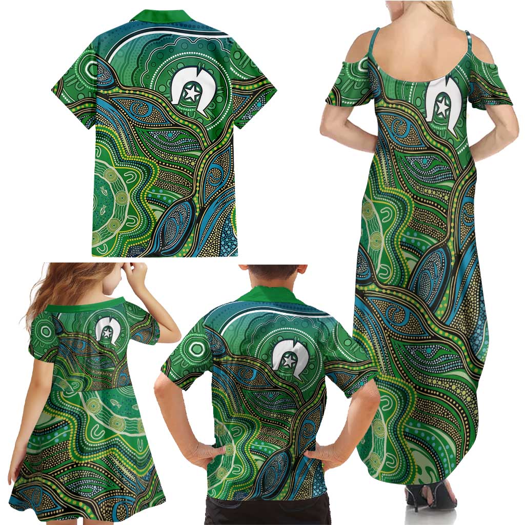 Torres Strait Islands Family Matching Summer Maxi Dress and Hawaiian Shirt Indigenous Ocean Wave Dot Green Color