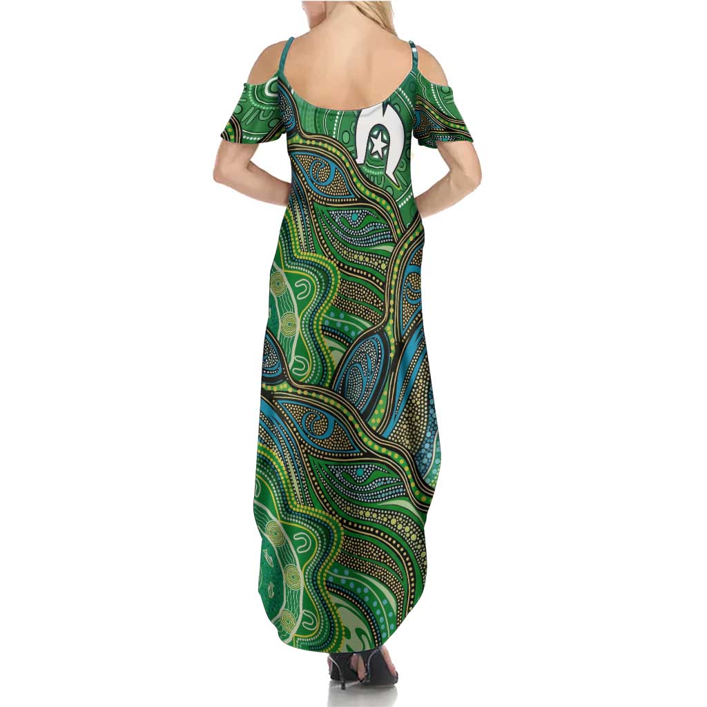 Torres Strait Islands Family Matching Summer Maxi Dress and Hawaiian Shirt Indigenous Ocean Wave Dot Green Color