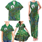 Torres Strait Islands Family Matching Tank Maxi Dress and Hawaiian Shirt Indigenous Ocean Wave Dot Green Color