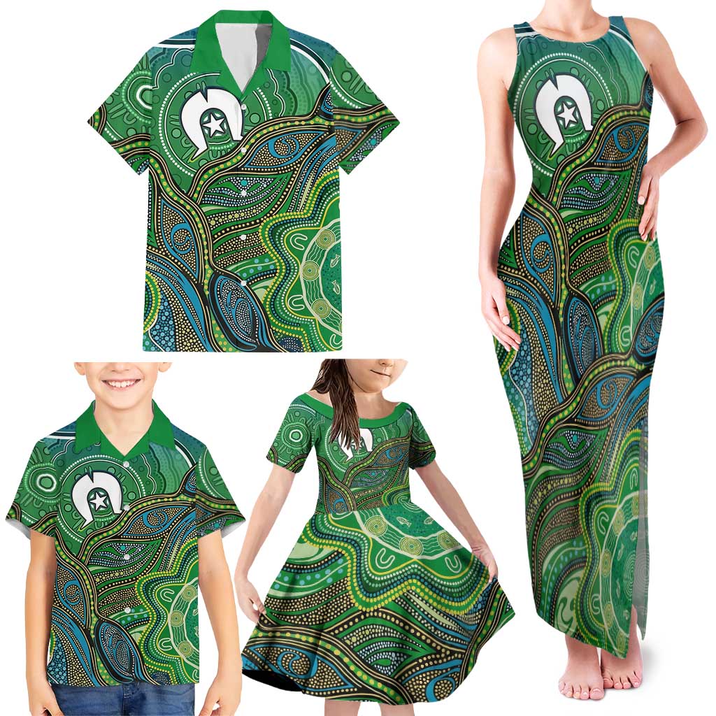 Torres Strait Islands Family Matching Tank Maxi Dress and Hawaiian Shirt Indigenous Ocean Wave Dot Green Color