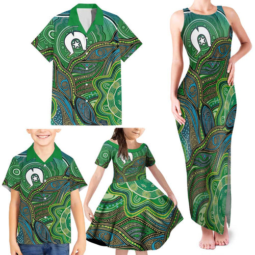 Torres Strait Islands Family Matching Tank Maxi Dress and Hawaiian Shirt Indigenous Ocean Wave Dot Green Color